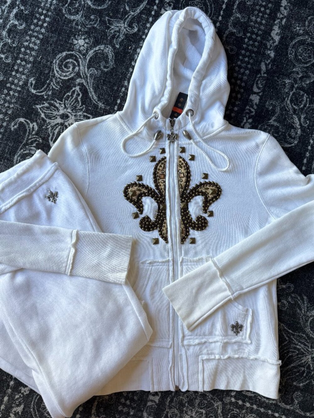 White Fleur Del Lis Embellished track suit- 36" inseam for the extra tall!
